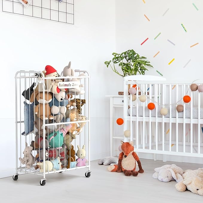 210L Stuffed Animal Storage Organizer Plush Toy Storage Organizer Stuffed Animal Holder, Kids Toy Bins with Wheels, Metal Frame and Elastic Cord Design, Suitable for Storage of Big Toys