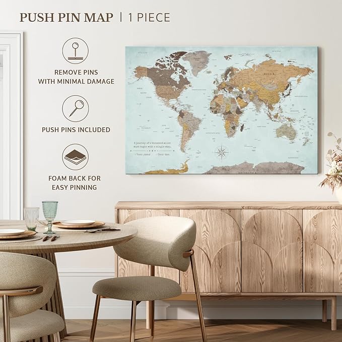 ElephantStock - A Thousand Miles World Push Pin Map Wall Art - Horizontal Canvas Wall Art - Living Room Wall Decor - Printmaking Map Canvas Art - Blue And Brown Decor - 45" x 30"