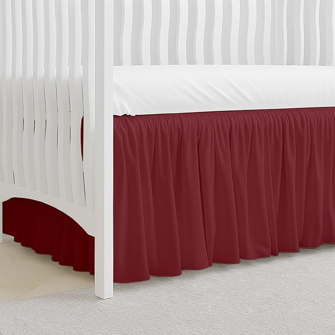 Crib Bed Skirt Dust Ruffle with Split Corners, 100% Cotton, Burgundy Nursery Crib Skirt for Baby Boys or Girls, 28x52, 14" Drop, Toddler Bed Skirt, Baby Bedding, Crib Sheet Skirt, Soft & Breathable