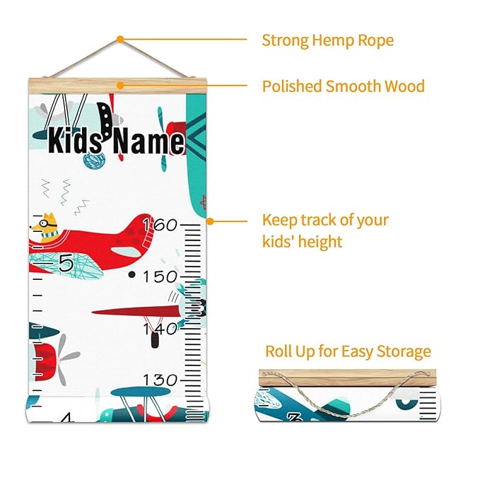 Personalized Kids Name Growth Chart Ruler for Wall Wood Frame Height Measure Chart 13.4x56 in Linen Hanging Height Growth Chart Colorful Plane Helicopter Kids Room Decor