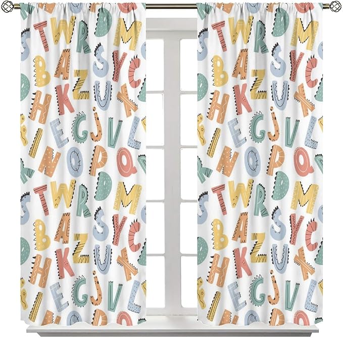 Kids Alphabet Letter Curtains Cute Funny Education Printed Curtain with Rod Pocket for Bedroom Living Room Home Decor Drapes Window Treatments 2 Panels Set 63" W X 72" L
