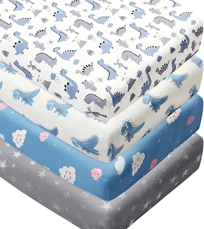 4 Pack Soft Baby Boy Crib Sheets for Standard Crib Mattress Dinosaur Star Cloud Soft Neutral Unisex Fitted Crib Sheets Set for Baby Boys