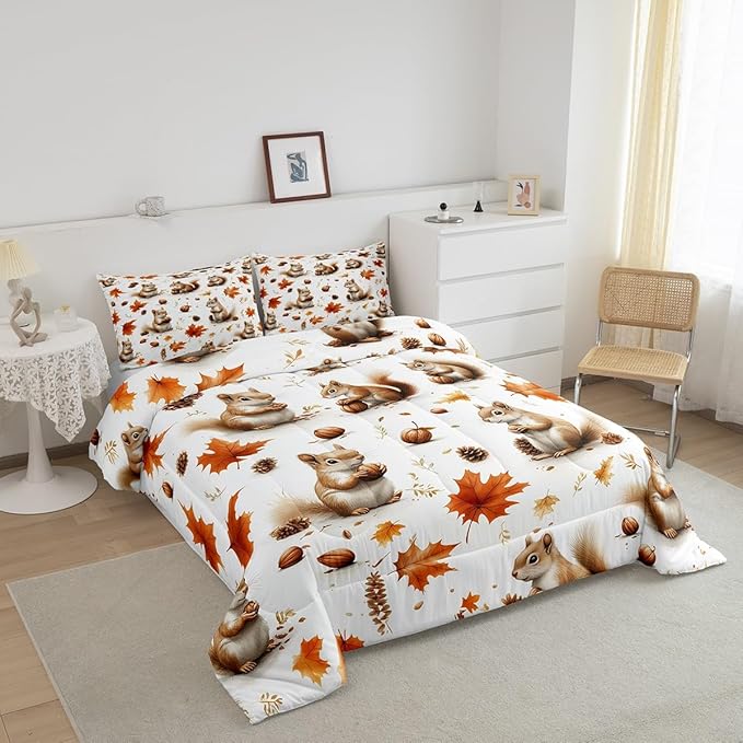 Feelyou Boys Girls Fall Autumn Duvet Cover Twin Size, Cute Squirrel Comforter Set Cartoon Animal Comforter Cover Kids Maple Leaf Teens Bedspread Cover Bedroom Decor Bed Set 2Pcs