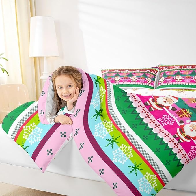 Feelyou Merry Christmas Comforter Set All Season Santa Claus Bedding Set with 1 Pillow Cases Cute Deer Microfiber Kids Toddler Bedclothes Snowflake Bedroom Decor Duvet Quilt Breathable Soft
