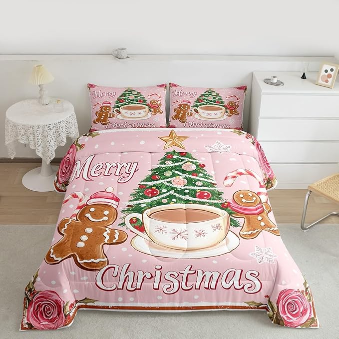 Feelyou Merry Christmas Comforter Set Queen Size Gingerbread Man Bedding Set for Kids Boys Girls Xmas Duvet Quilt Christmas Decor Bedroom Decor Microfiber 3 Pcs with 2 Pillow Cases