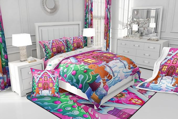 Feelyou Merry Christmas Comforter Cover Set Gingerbread Man Bedding Set Queen Size for Kids Boys Girls Bedroom Bed Decor Christmas Duvet Cover Set Soft Quilt Cover,No Comforter