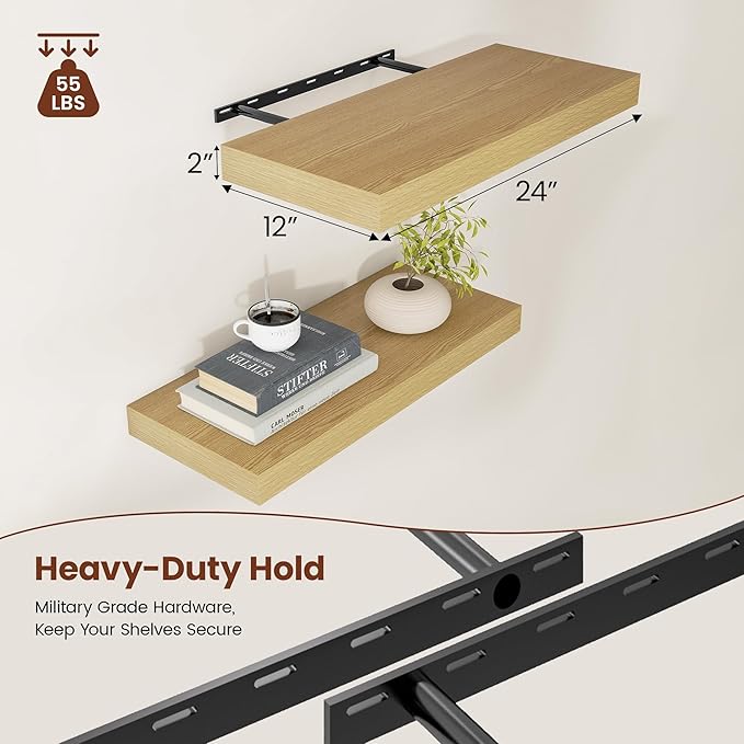 Vivelove 12 Inch Deep Floating Shelves 24 inch Long, 24 x 12 Wide Wall Shelves with Invisible Brackets, Shelf for Bedroom Bathroom Living Room Kitchen Office Home Decor, Modern Shelf Set of 2, Oak
