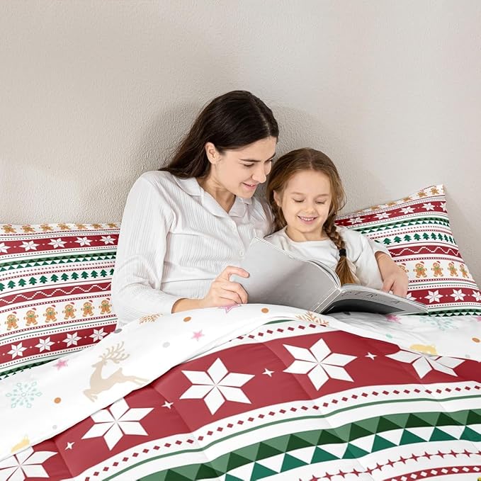 Feelyou Merry Christmas Bedding Set Soft for Boys Girls, Gingerbread Man Comforter Set Full Size Duvet Quilt Microfiber Striped Bedroom Decor 3 Pcs with 2 Pillow Cases