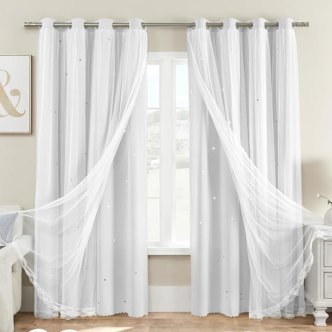 XiDi White Curtains 96 Inches Long for Girls Bedroom Living Room Darkening Privacy Double Layer Curtains with Sheer Overlay for Kids Toddler Princess Nursery Room Decor Grommet Window Drapes W52 X L96