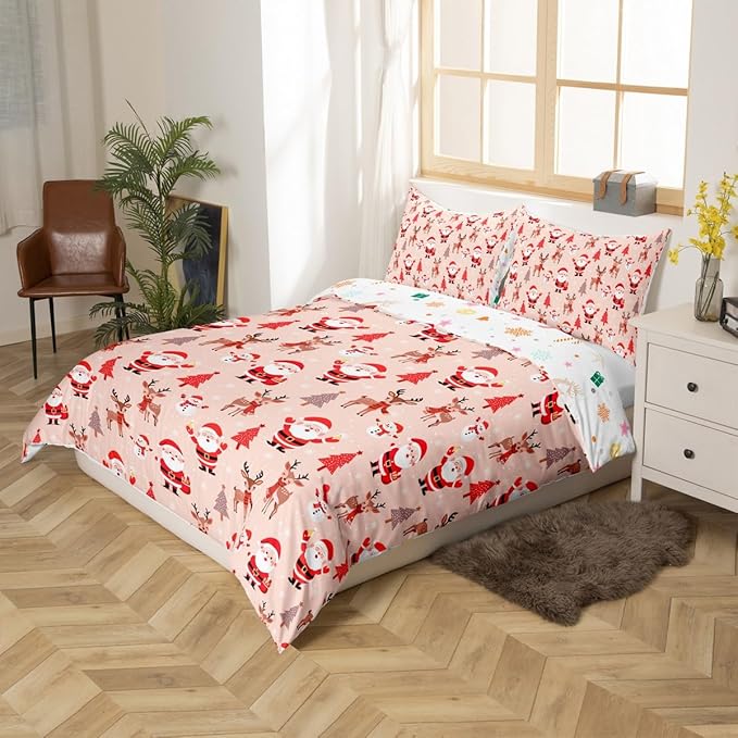 Christmas Kids Bedding Set Santa Claus Bedding Duvet Cover Set for Boys Girls Christmas Tree Deer Decor Comforter Cover Set Snowflake Xmas Theme Bedspread Cover Bedroom Quilt Cover 2Pcs Twin Size