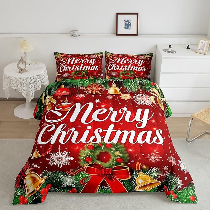 Christmas Wreath Comforter Set Queen Size,Red Bowkont Gold Bell Bedding Set for Kids Boys Girls Room Decor,Snowflake Merry Christmas Duvet Insert 3Pcs,Green Leaves Xmas Theme Quilt Set,2 Pillowcases
