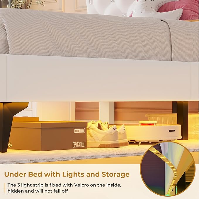 ADORNEVE Queen Bed Frame with RGB LED Lights, Princess Bed Frame with Adjustable Crystal Button Headboard, Velvet Upholstered Platform Bed for Girls, Solid Wooden Slats, Easy Assembly, Creamy White