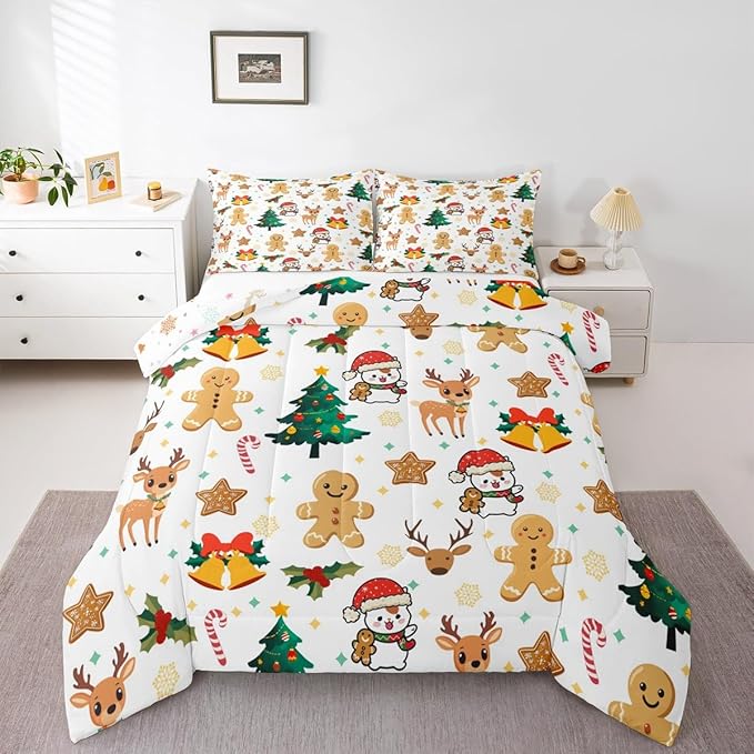 Feelyou Merry Christmas Comforter Set All Season Gingerbread Man Bedding Set with 1 Pillow Cases Cute Deer Microfiber Kids Twin Bedclothes Christmas Tree Duvet Quilt Breathable Soft Lightweight