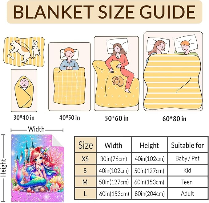 Girls Mermaid Blanket Gift, Throw for Kids Teens Adults 50x60 Inches Lightweight Cozy Pink Cute Mermaid Throw Blankets for Sofa Couch Bed Trip Car