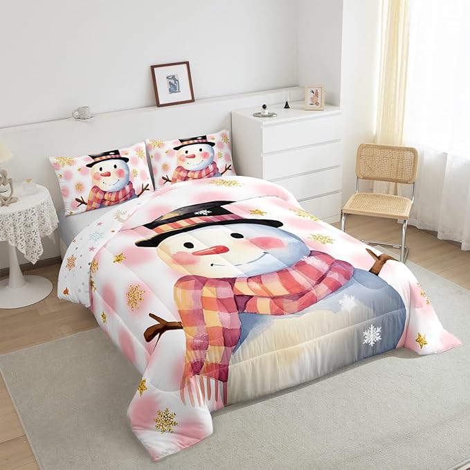 Feelyou Kids Merry Christmas Decorations Full Size Comforter Set Xmas Snowman Bedding Set Pink Quilt Set Soft Warm Lightweight Duvet Set