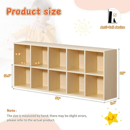 10 Cube Storage Organizer, Cubby Storage Organizer, Cube Shelf with Back Plate, Wooden Kids Bookcase for Toy, Solid Wood Cube Storage for Living Room/Bedroom/Hallway/School, Easy to Install