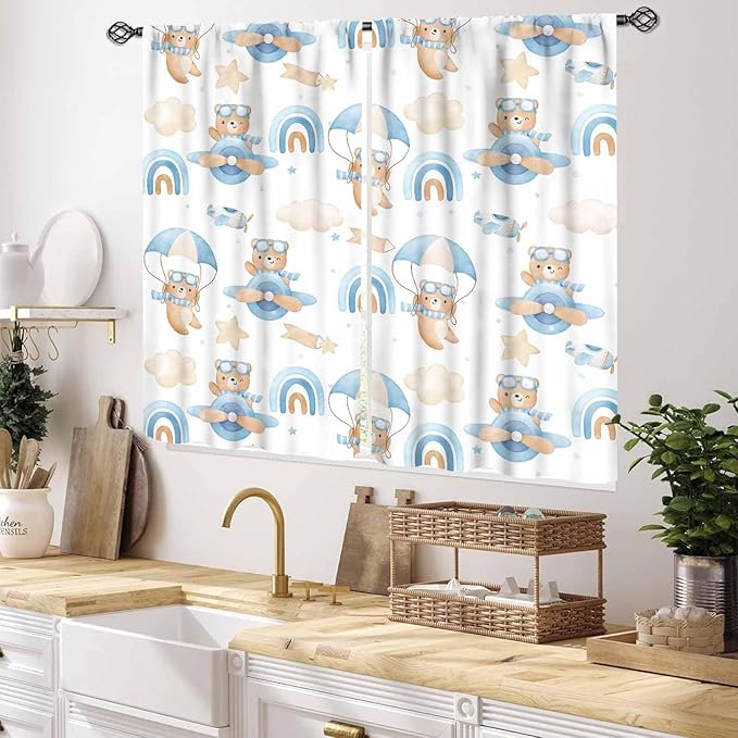 Cartoon Bear Curtains, Kids Boys Girls Cute Lovely Bear Adventure Airplane Cloud Pastel Blue Window Drapery Treatments for Baby Living Room Bedroom Nursey Toddler Classroom 2 Panels, 55x39 Inch