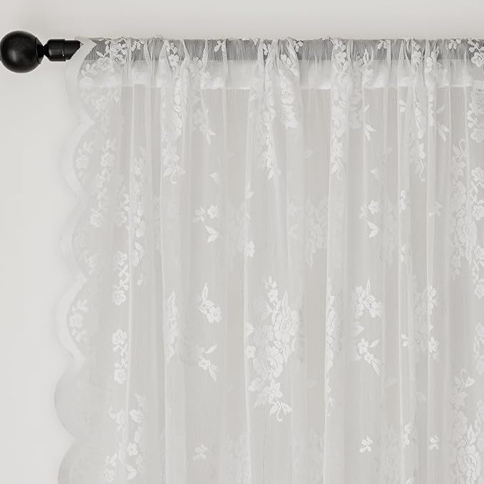 Anmao Vintage Lace Valance Kitchen Curtains 36 Inches Long 2 Panels, Semi Sheer Floral Over Sink Lacy Cafe Curtain, Elegant Window Short Small Drapes, 55W x 36L, White Rose