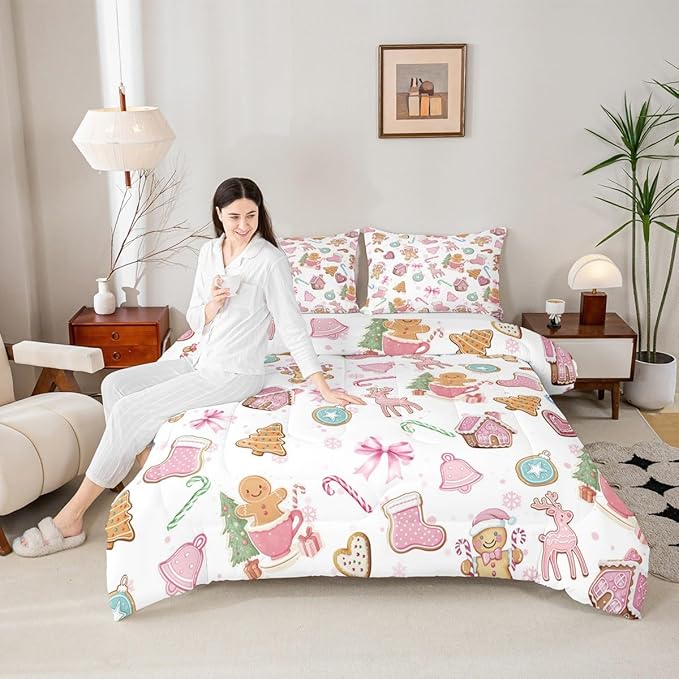 Cute Bow Tie Kids Bedding Set King Size,Pine Tree Merry Christmas Elk Deer Comforter Set,Bowknot Gingerbread Man Snowflake Quilt Comforter,Pink White Colorful Bedroom Duvet Insert,2 Pillowcases