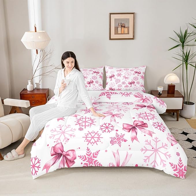 Cute Bow Tie Kids Comforter Set Full Size,Girly Bowknot Snowflake Dots Bedding Set,Room Decor,Merry Christmas Winter Princess Quilt Comforter,Pink White Duvet Set Bedroom Quilt Set,2 Pillowcases