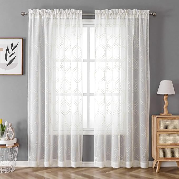 VISIONTEX White Sheer Curtains 120 Inches Long 2 Panels Set Beige Moroccan Embroidered Curtains Trellis French Textured Rod Pocket Voile Tulle Semi Window Drapes for Bedroom Living Room 54 x 120 Inch