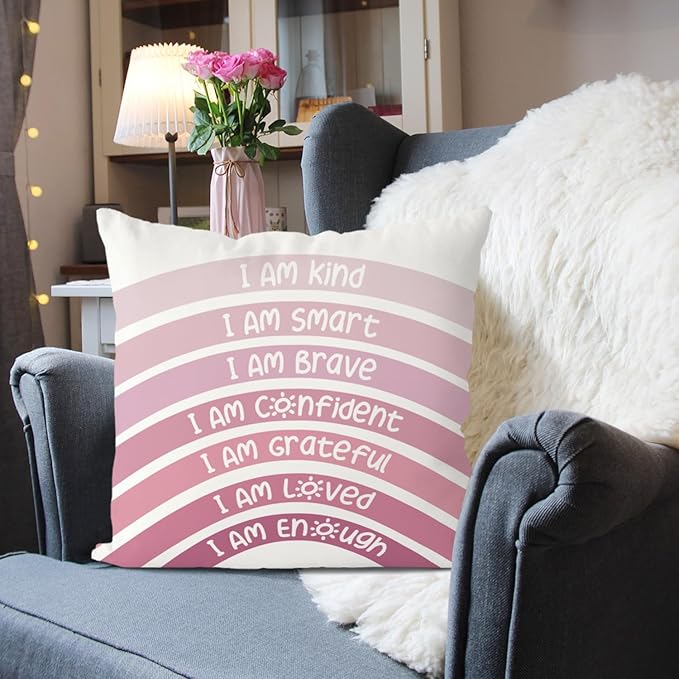 QIYUHOY Boho Rainbow Classroom Throw Pillow Covers,Preppy Pink Classroom Decor,Book Center Calming Corner Playroom Decor Pillow Case,Pink Pillow Cover,18x18 Inch Pillowcase