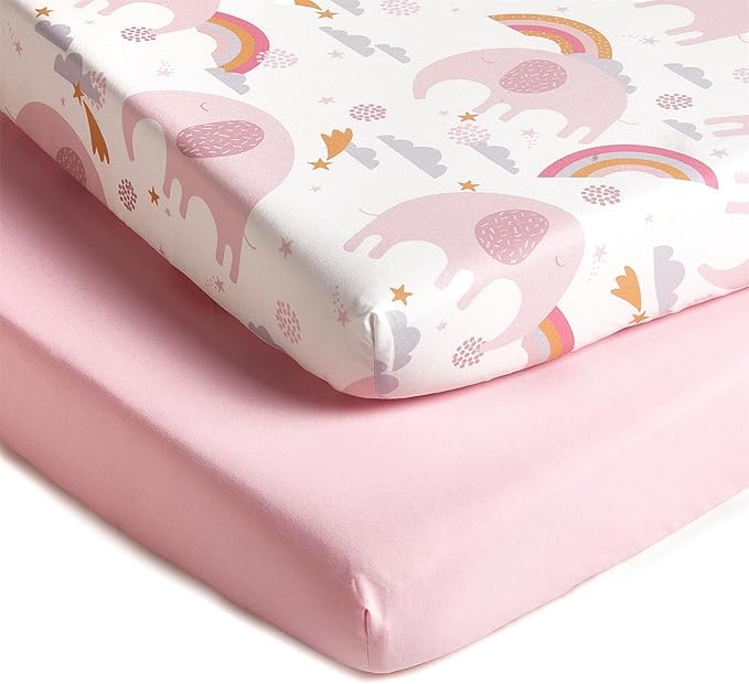 TILLYOU Mini Crib Fitted Sheets - Soft Knit Sheet for Pack N Play, Microfiber Mini Crib Sheets, 38 x 24 Playpen Bedding Sheet for Baby 2 Pack, Machine Washable, Rainbow Elephant
