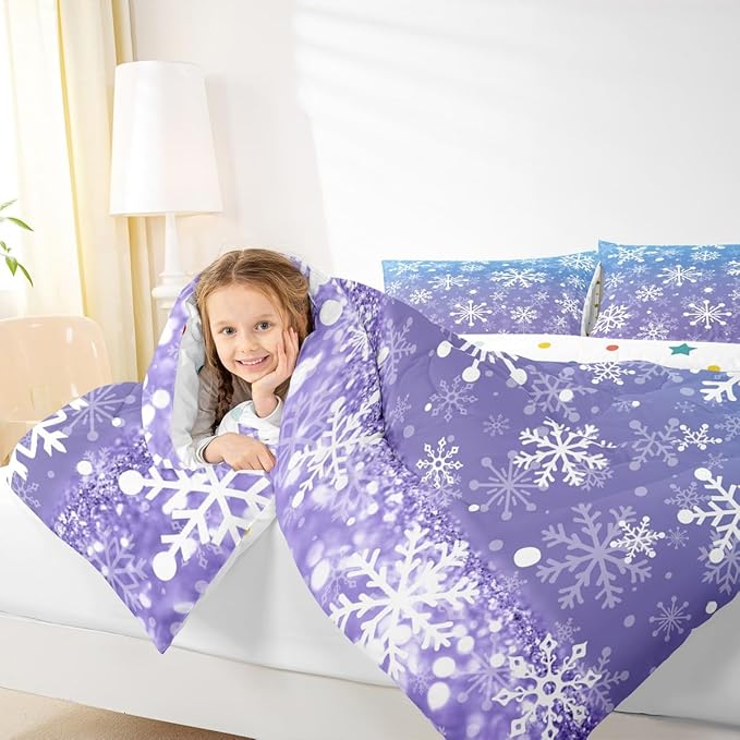 Feelyou Blue and Purple Snowflake Bedding Set Soft for Boys Girls, Winter Snowflake Comforter Set Twin Size Christmas Duvet Quilt Microfiber Holiday New Year Bedroom Decor 2 Pcs with 1 Pillow Cases