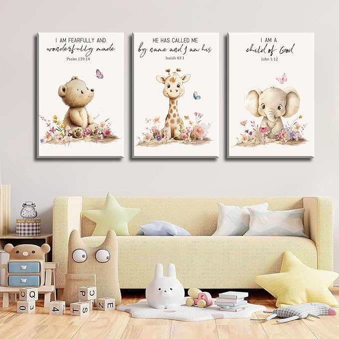 3Pcs Nursery Animal Bible Verse Canvas Wall Art Cute Bear Elephant Giraffe Wall Decor Pictures Christian Baby Nursery Posters Prints for Kids Boys Girls Room Home Decoration 16x24in