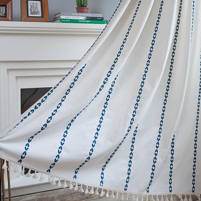 Deeprove Navy Blue Boho Curtains 96 inches Long for Bedroom, Vintage Privacy Bohemian Embroidery Light Filter Cotton Linen Stripes French Country Tassel Window Treatments Decor, W52 x L96, 1 Panel