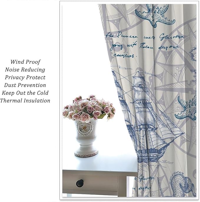 Nautical Sailboat Map Curtain,Ship Compass Lighthouse Anchor Decorative Curtain Polyester Fabric Waterproof Bedroom Curtain Set 2 Panels,84x84 Inches