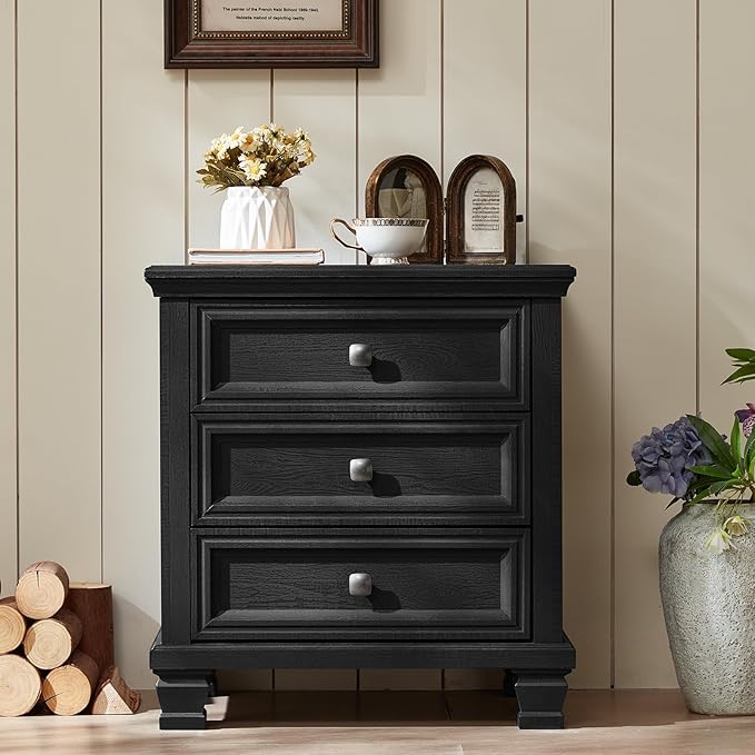 Farmhouse Black Bedroom Sets of 4, Includes 6 Drawer Large Dresser, Vintage Night Stand with 3 Drawers, Small 5 Chest of Drawers, Wood Rustic Dresser & Nightstand Set for Bedroom, Home