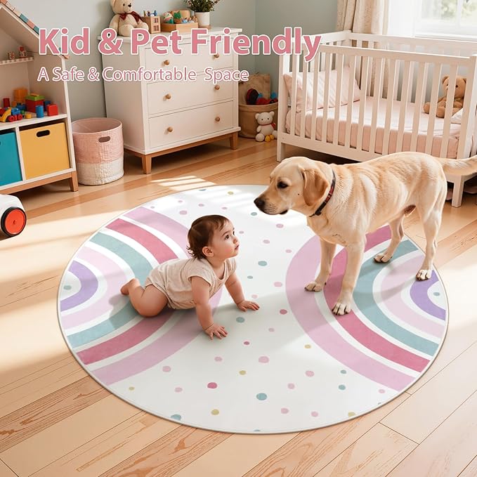 STARUIA Pink Round Rug for Nursery, 4 Ft Rainbow Washable Rug for Kids Room, Non-Slip Circle Rug Colorful Bedroom Carpet for Girls Princess Castle Playroom Classroom
