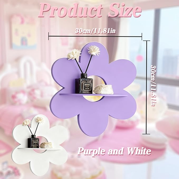 Cute Shelf Pink Floating Shelves, 2Pcs Flower Shaped Green Floating Shelves Display Daisy Decor for Bathroom Livingroom Bedroom Shelves (Purple White)