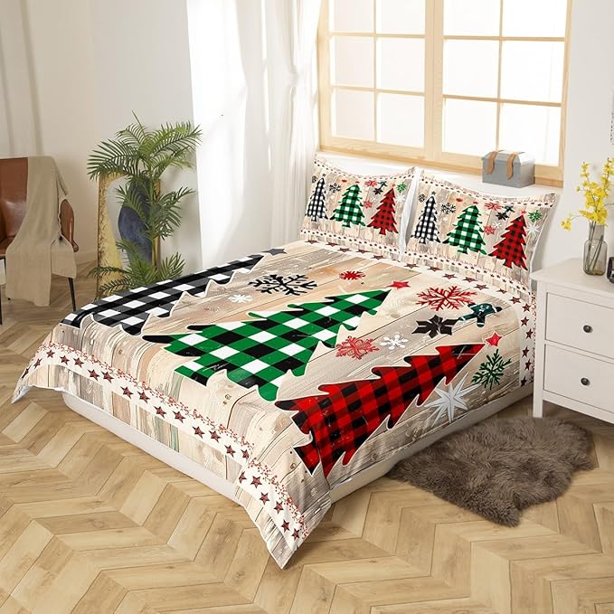 Manfei Xmas Plaid Trees Duvet Cover Set King Size, Western Texas Star Bedding Set 3pcs for Kids Boys Girls, Christmas Theme Comforter Cover Wooden Plank Quilt Cover with 2 Pillowcases,No Comforter