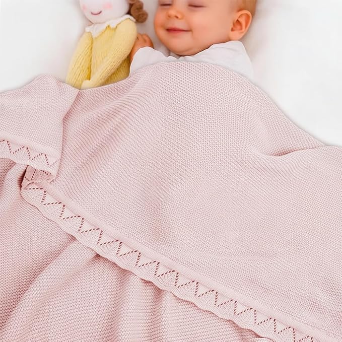 Baby Knit Blanket Soft Breathable Cotton Scallop Border Blankets Newborn Knitted Blanket Swaddle Blankets Gifts for Baby Newborn Toddler Shower Boy Girl New Mom Birthday Christmas Pink 30x40