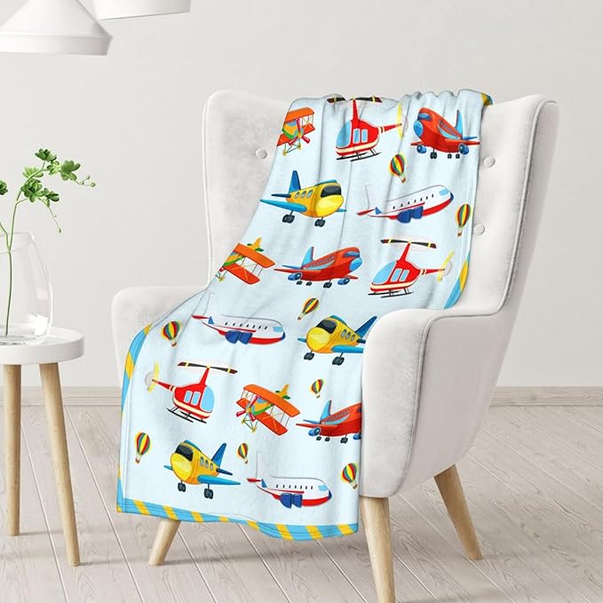 Airplane Blanket for Airplane Lovers - 50" x 60" Inches Warm Furry Throw Blanket Gift - Blue Cute Throw for Sofa, Work, Living Room