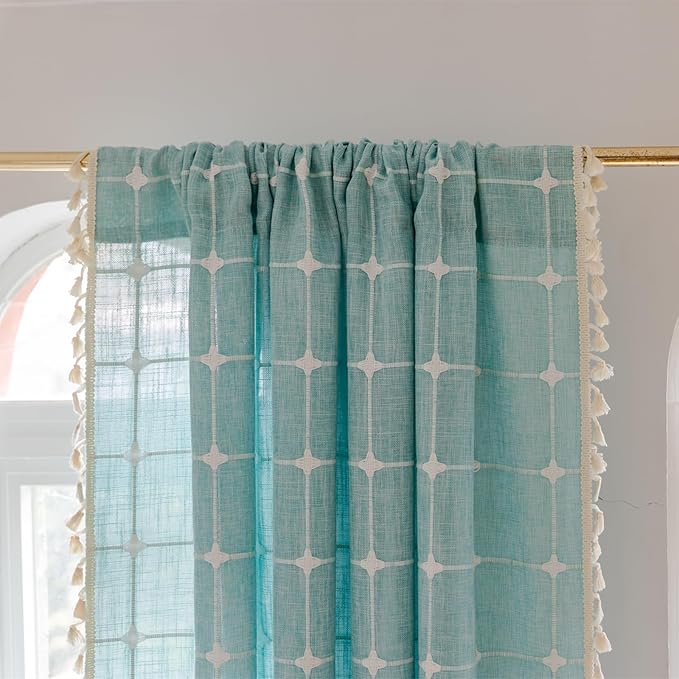 Deeprove Boho Plaid Curtains 63 inch for Home Office Kitchen Nursery Playroom, Semi Blackout Farmhouse Tassels Window Treatment Bohemian Embroidery Drape Rod Pocket 1 Panel 52" W x 63" L, Aqua