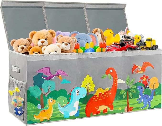 Extra Large Toy Box Chest with Lids, Collapsible Toy Storage Organizer for Kids, Dinosaur Toy Bin Box for Toddlers Boys Girls, Toy Organizer for Living Room Nursery Playroom Bedroom Home Gray