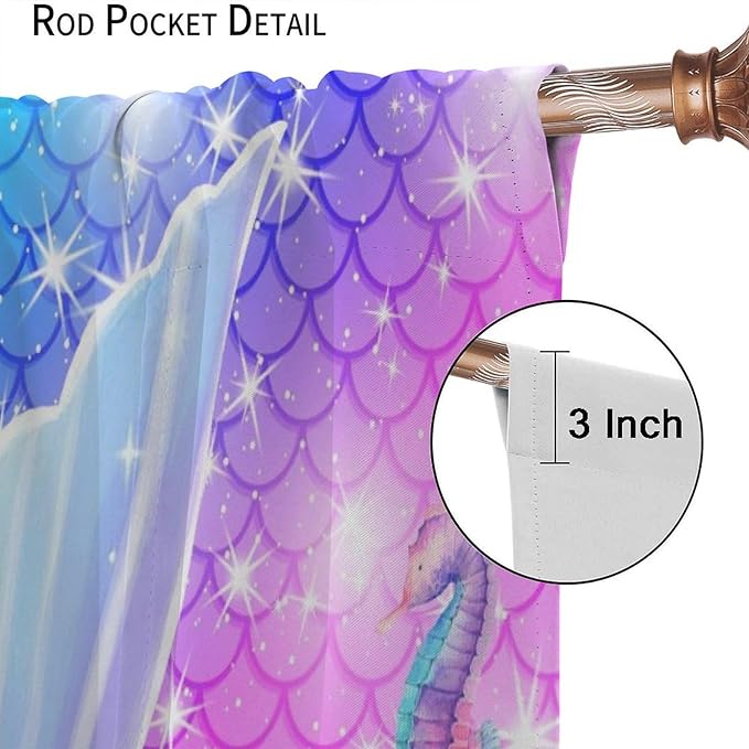 Kids Fantasy Mermaid Curtains Dream Colorful Mermaid Fish Tail Scale Fantasy Ocean Theme Window Treatment for Girls Bedroom Nursery Room Decor Window Drapes 72" W X 63" L