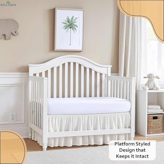 Rajlinen Ruffled Crib Bed Skirt, Microfiber, Dust Ruffle with Split Corners, 14" Drop, Nursery Toddler Bedding for Baby Boys or Girls, Ivory