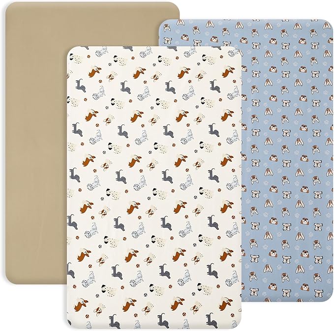 PHF 3 Pack Soft Mini Crib Sheets, Pet Dogs Pack N Play Sheets for Baby Boys Girls, No Slip Universal Fit for Pack N Play, Playard, Portable and Mini Crib Mattresses, Pet Dogs