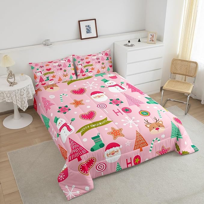 Manfei Merry Christmas Kids Comforter Set Twin Size,Cute Santa Claus Snowman Deer Bedding Set,Boys Girls Adults Room Decor,Snowflake Christmas Trees Down Comforter,Pink Xmas Duvet Insert,1 Pillowcase