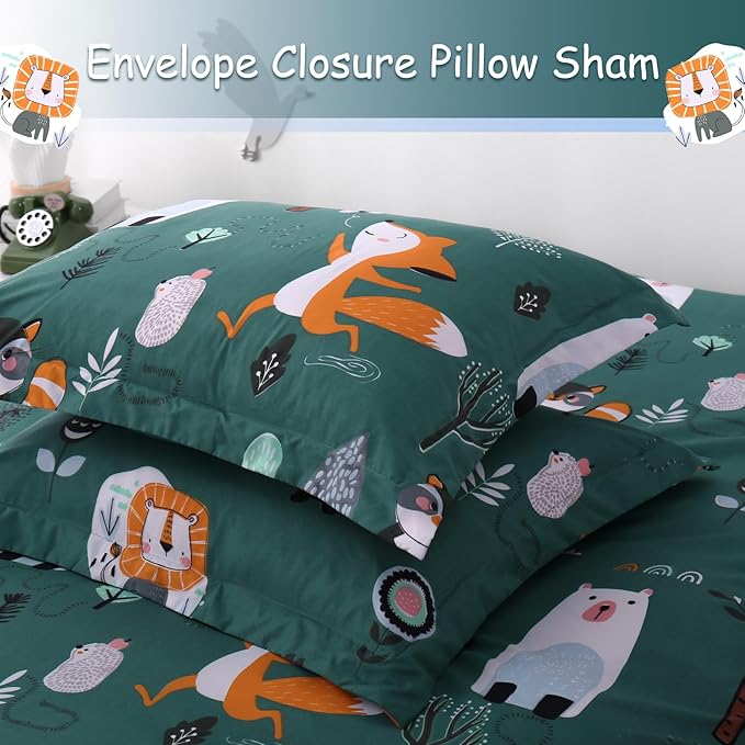 JSD Green Forest Animal Kids Duvet Cover Set Twin Size, 2 Piece Soft Printed Microfiber Comforter Cover with Pillow Sham Zipper Closure, Comforter Not Included