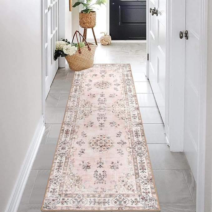 Lahome Washable 2x6 Kitchen Runner Rugs, Retro Distressed Pink Floral Print Runner for Hallway Bathroom Entryway, Low Pile Non-Slip Water Repellent Stain Resistant Mat for Floor Protection