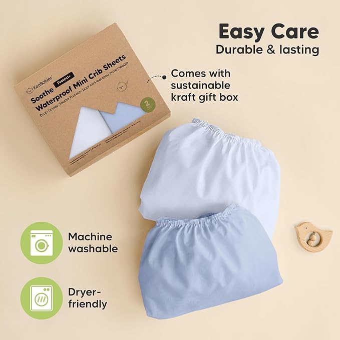 2-Pack Pack and Play Sheets, Waterproof Mini Crib Sheets Fitted - Organic Cotton Pack N Play Sheets for Graco Pack and Play Mattress, Playard Baby Crib Sheets, Neutral for Boy,Girl,Toddler(Blue Flax)