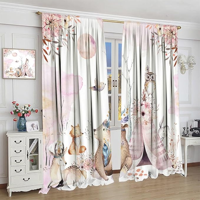 Forest Animal Curtains for Kids, Pink Watercolor Woodland Animal Window Treatments Fox Deer Owl Wildlife Safari Jungle Bear Window Drapes for Girls Nursery Toddler Bedroom 52x84in