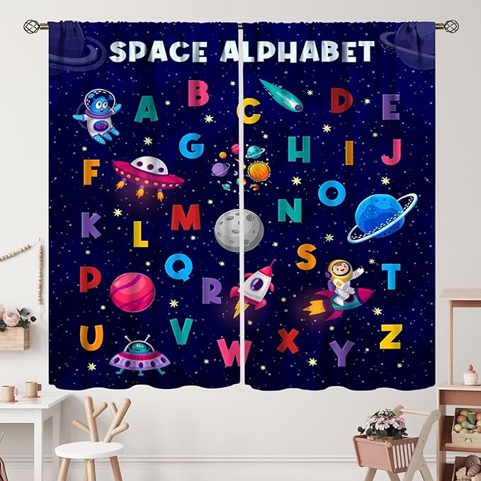 Alphabet Curtains Kids Outer Space Cartoon Universe Planet Educational Learning Curtain with Rod Pocket for Bedroom Nursery Decor Drapes Window Treatments 2 Panels Set 63" W X 63" L