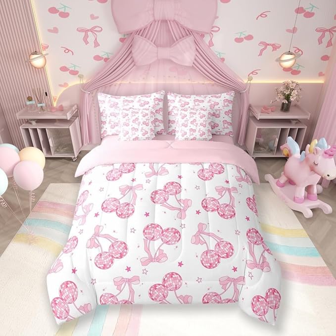 7 Pieces Pink Bowknot Princess Comforter Set King,Disco Crystal Ball Western Cowgirl Bedding Set,Stars Bow Tie Sweet Romantic Dreamy（Comforter+Fitted+Flat Sheet+2 Pillowcases+2 Throw Pillow Covers）