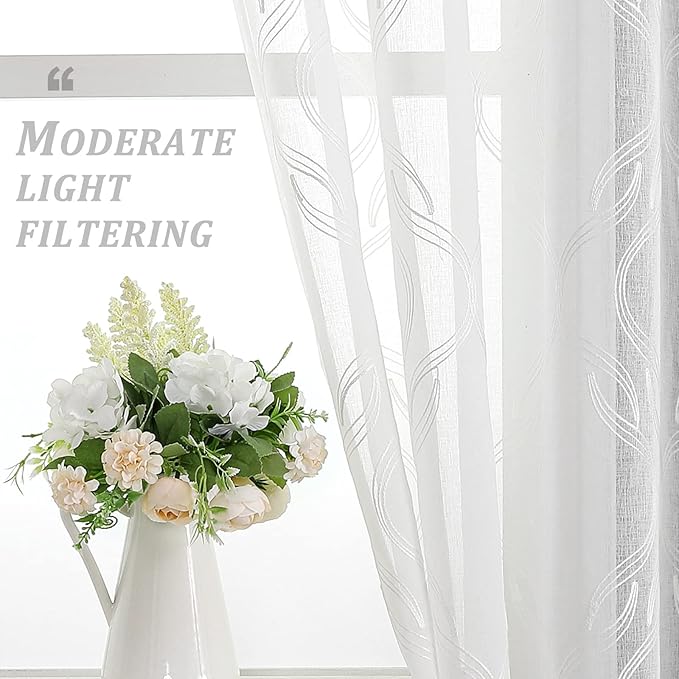 VISIONTEX Sheer Curtains, White Moroccan Embroidery Texture Geometric Rod Pocket White Voile Tulle Semi Window Treatment Pair for Bedroom, W54 x L54